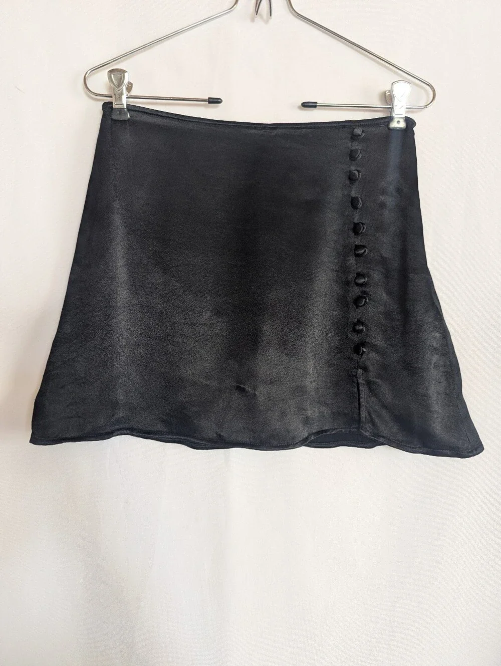 Zara Small Classic Black Satin Mini Skirt Side Button Detail